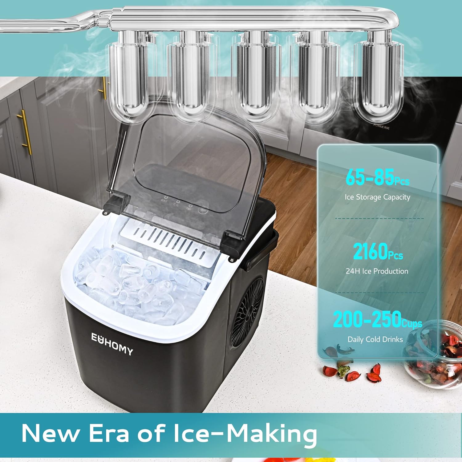 Countertop Ice Maker Machine with Handle, 26lbs in 24Hrs, 9 Ice Cubes Ready in 6 Mins, Auto-Cleaning Portable Ice Maker with Basket and Scoop, for Home/Kitchen/Camping/RV.