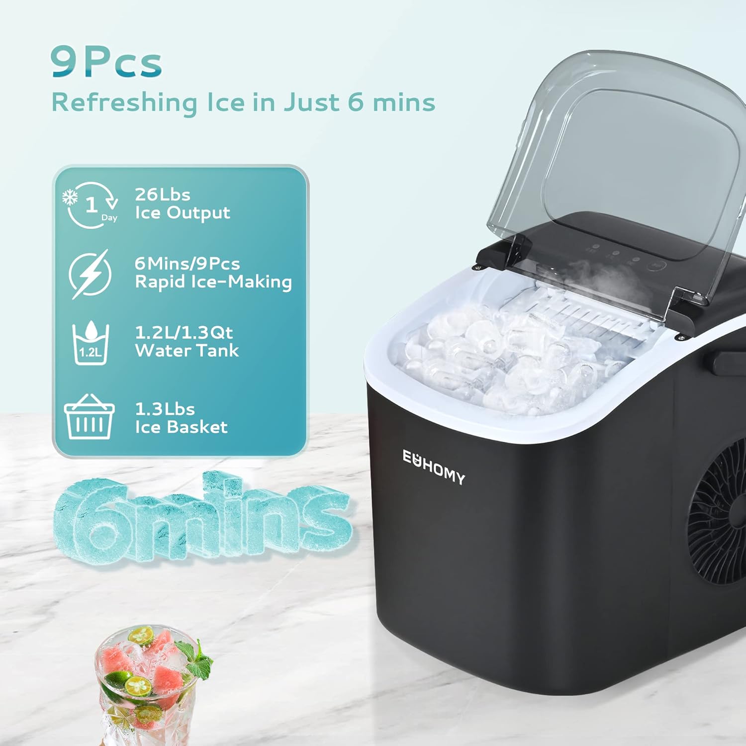 Countertop Ice Maker Machine with Handle, 26lbs in 24Hrs, 9 Ice Cubes Ready in 6 Mins, Auto-Cleaning Portable Ice Maker with Basket and Scoop, for Home/Kitchen/Camping/RV.
