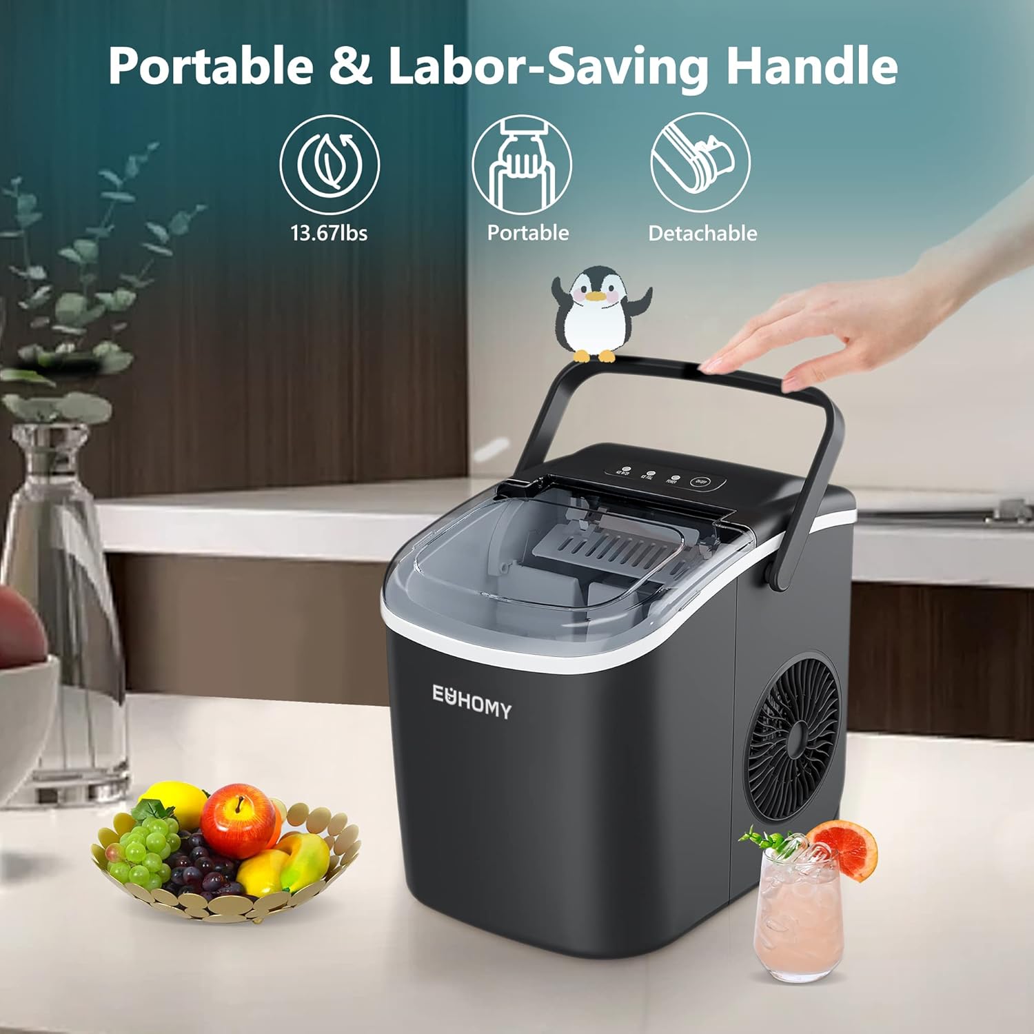 Countertop Ice Maker Machine with Handle, 26lbs in 24Hrs, 9 Ice Cubes Ready in 6 Mins, Auto-Cleaning Portable Ice Maker with Basket and Scoop, for Home/Kitchen/Camping/RV.