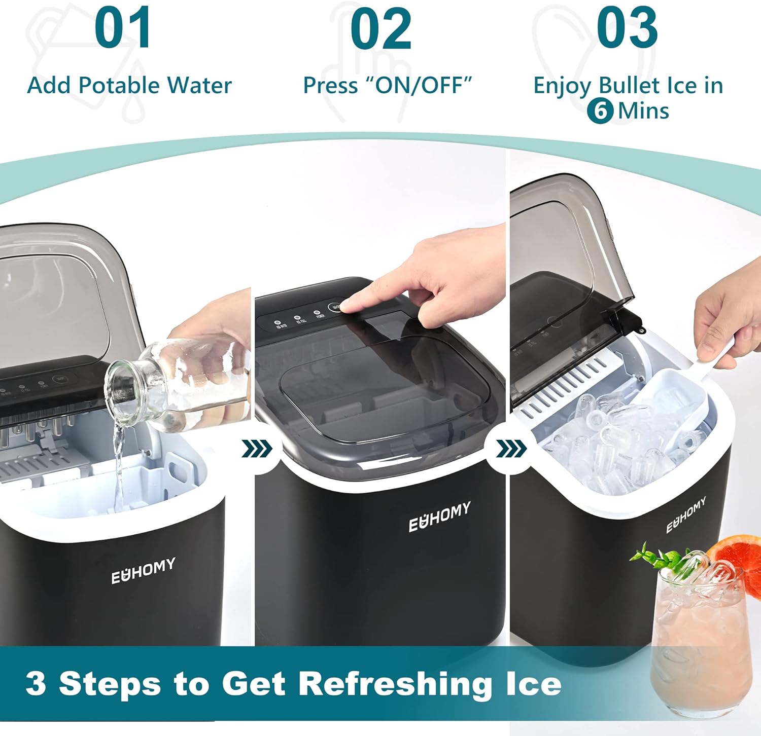 Countertop Ice Maker Machine with Handle, 26lbs in 24Hrs, 9 Ice Cubes Ready in 6 Mins, Auto-Cleaning Portable Ice Maker with Basket and Scoop, for Home/Kitchen/Camping/RV.