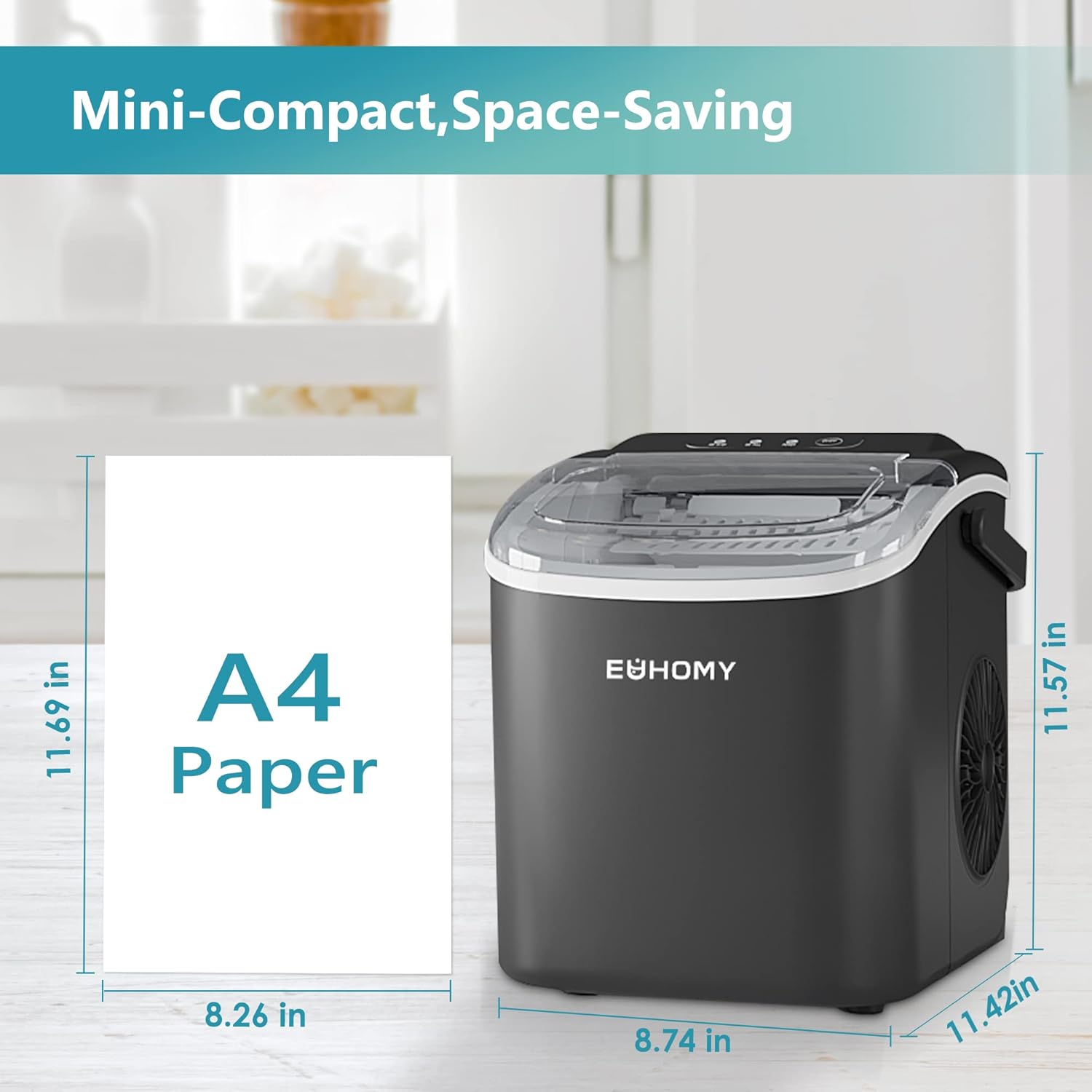 Countertop Ice Maker Machine with Handle, 26lbs in 24Hrs, 9 Ice Cubes Ready in 6 Mins, Auto-Cleaning Portable Ice Maker with Basket and Scoop, for Home/Kitchen/Camping/RV.