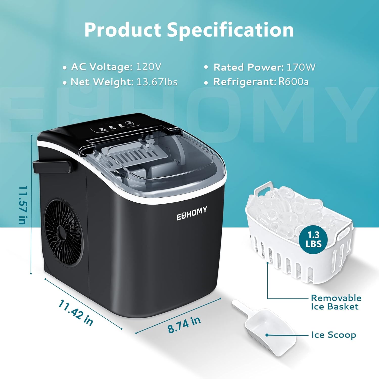 Countertop Ice Maker Machine with Handle, 26lbs in 24Hrs, 9 Ice Cubes Ready in 6 Mins, Auto-Cleaning Portable Ice Maker with Basket and Scoop, for Home/Kitchen/Camping/RV.